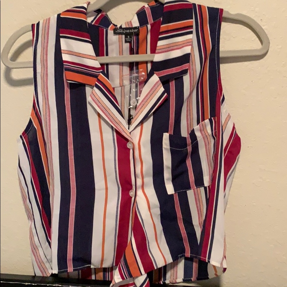 Multi Color Blouse Button Down Tie